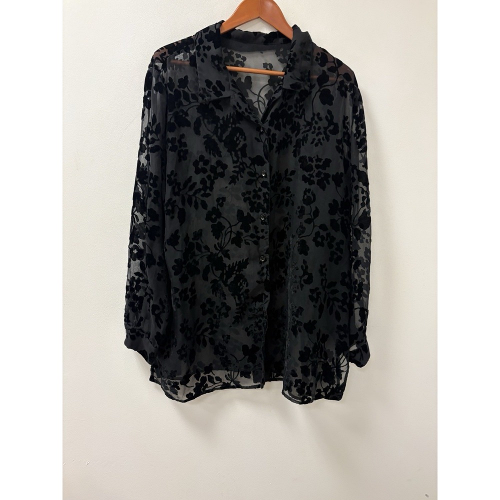 VINTAGE Sheer Velvet Burnout Flowers Black Long Sleeve Button Up Top Sz 2X